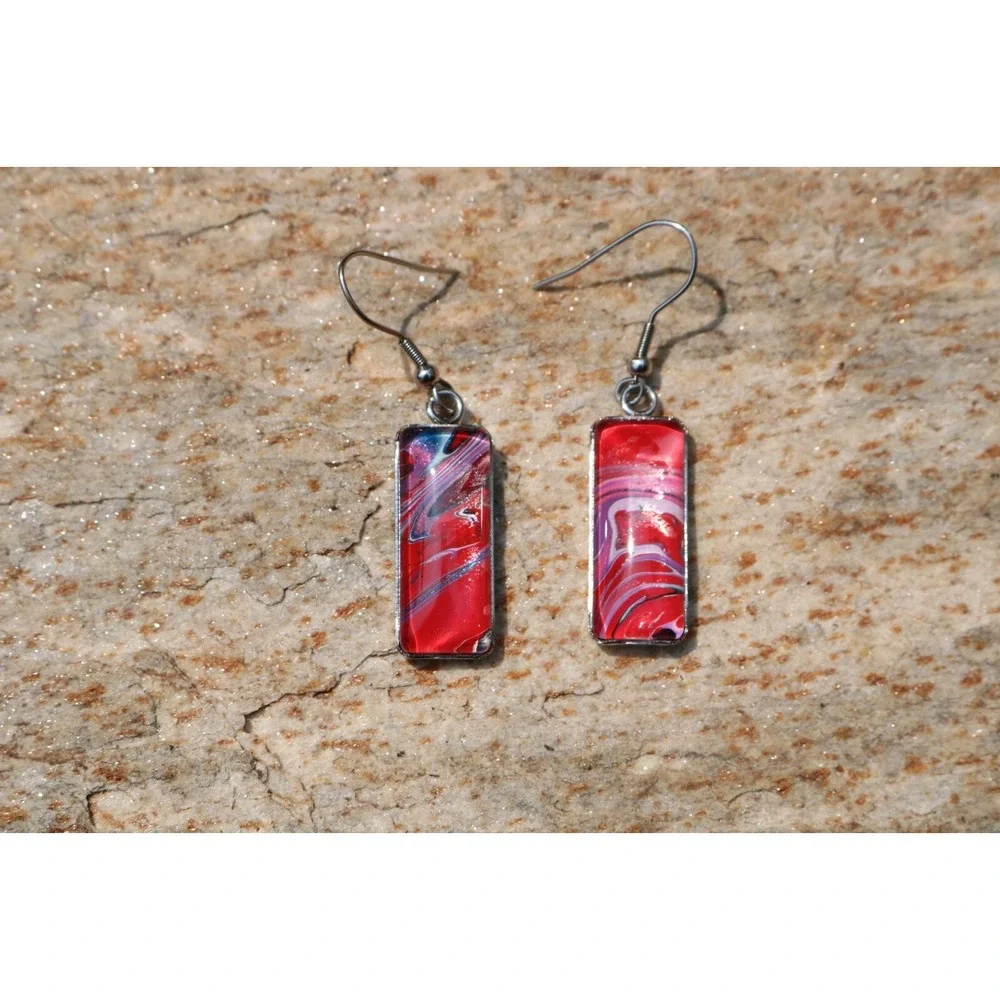 Handmade Earrings-Stainless Steel-Glass-Paint Drip-Paint Pour-Fluid Art
